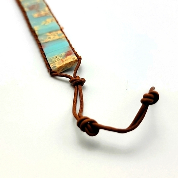 Adjustable Agalmatolite Natural Gemstone Boho Ethnic Genuine Leather Bracelet - Picture 7 of 8